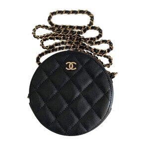 Chanel Quilted Caviar Round Vanity Case With Chain